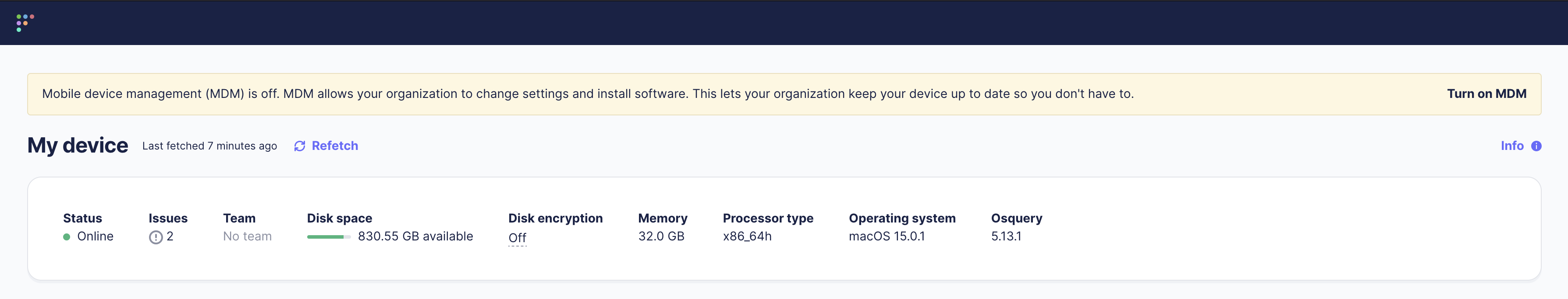 Fleet device page banner to turn on MDM