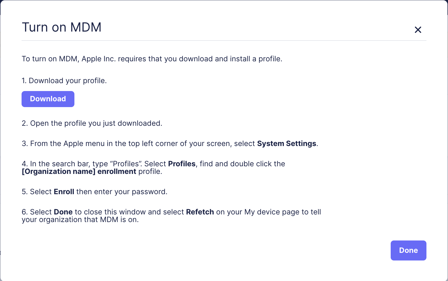 Modal that displays MDM profile link and instructions from Fleet device page