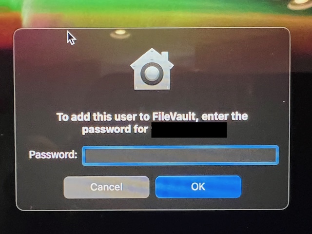 FileVault login prompt to generate new encryption key